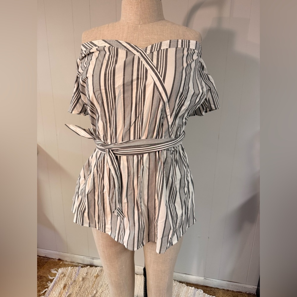 Lane Bryant Black and White Striped Off-Shoulder Top